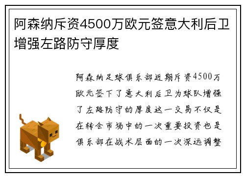 阿森纳斥资4500万欧元签意大利后卫增强左路防守厚度