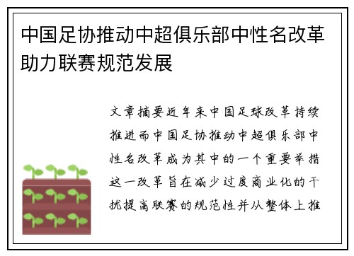 中国足协推动中超俱乐部中性名改革助力联赛规范发展 中国足协推动中超俱乐部中性名改革助力联赛规范发展